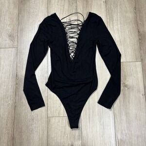 VICTORIAS SECRET Lace Up Plunge Long Sleeve Bodysuit Black Size Small‎ S